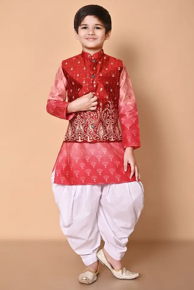 Dupion Silk Printed Kurta with Dhoti for Boys, Red & White (6-12 Months)