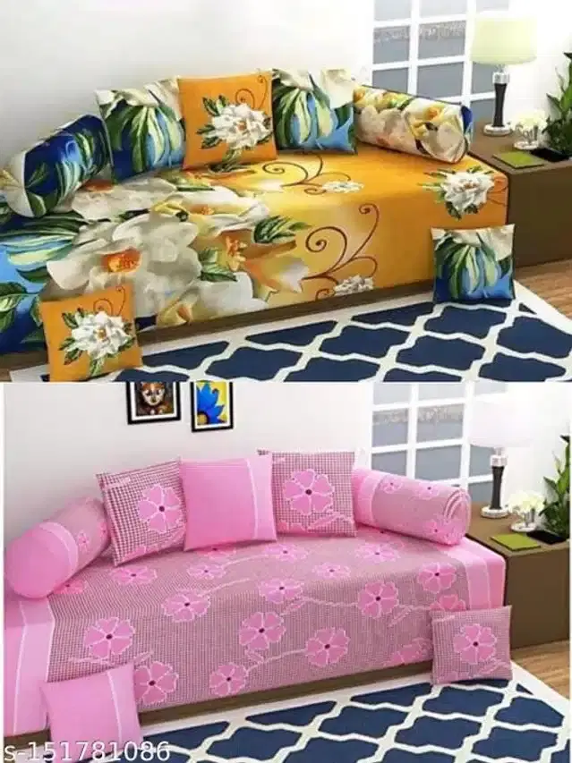 Polycotton Diwan Cover Set, Multicolor, Combo of 2