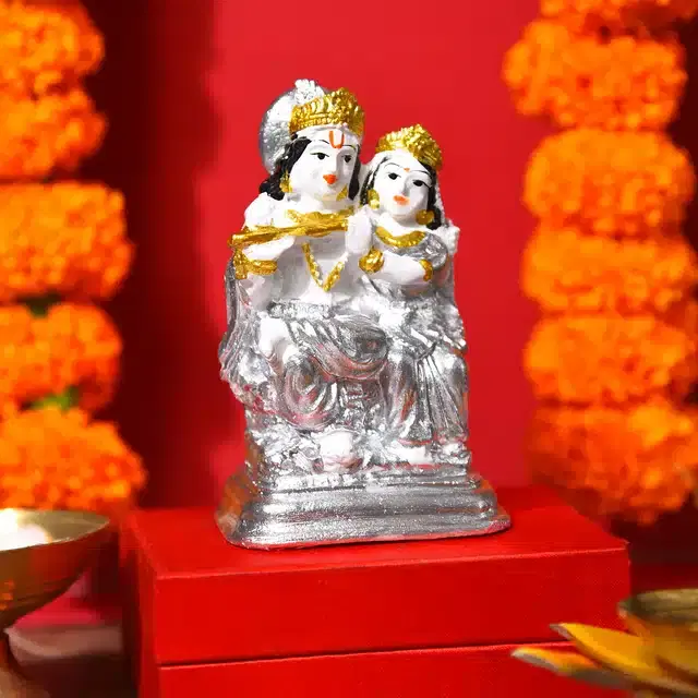 Radha Krishna Idol, Silver & White, 4 inches