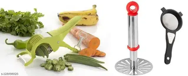 Vegetable Cutter with Masher & Tea Strainer, Multicolor, Set of 3