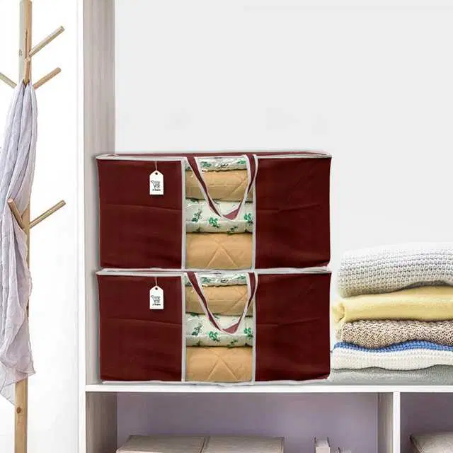 E-Retailer® Blanket Cover Bag With Transparent Window And Side Handle For Quilt & Clothes, Pack Of 1, Maroon, 61X43X36 cm, ST124