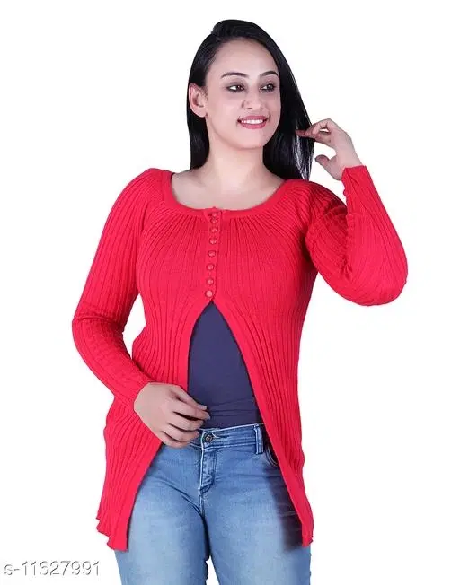 Acrylic Solid Sweater for Women (Red, M)
