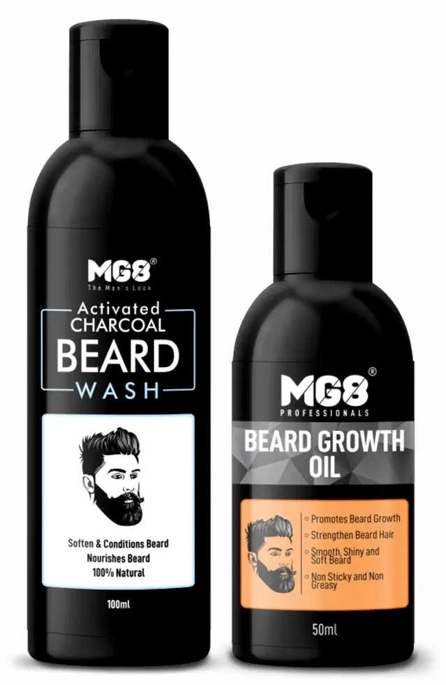 Combo of MG8 Activated Charcoal Beard Wash, 100 ml with Growth Oil, 50 ml, Set of 2