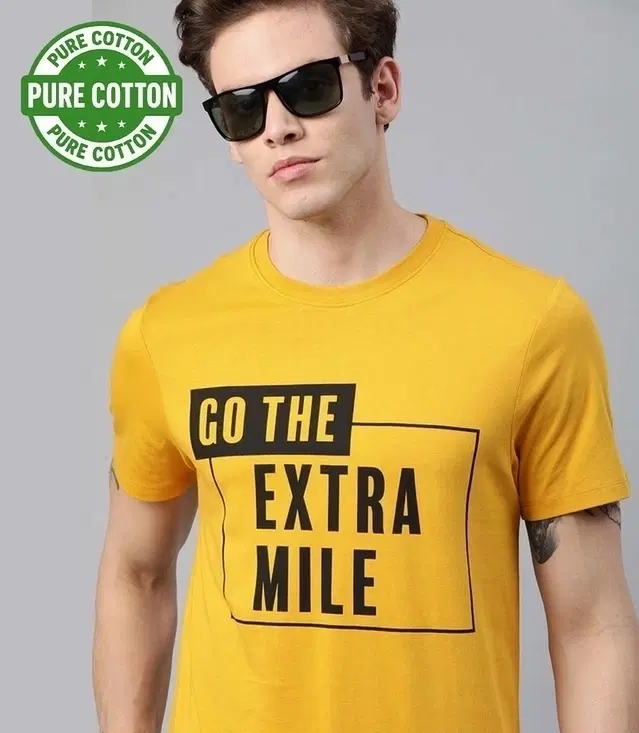 100% Cotton Round Neck Printed T-Shirt for Men, Yellow (L)