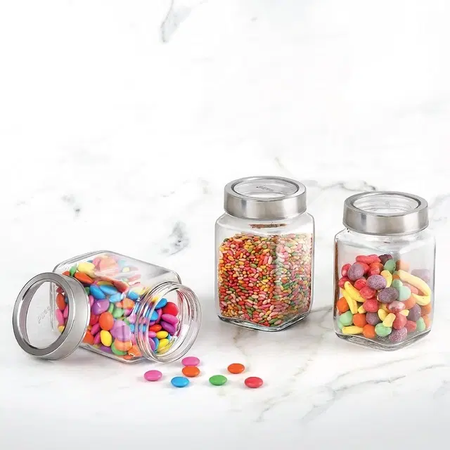 Cello Qube Fresh Glass Storage Jar With Lid, 300 ml | Set Of 3 | Airtight Lid | Microwave & Dishwasher Safe | Kitchen Container For Spices, Tea, Snacks, Pulses & Dry Fruits