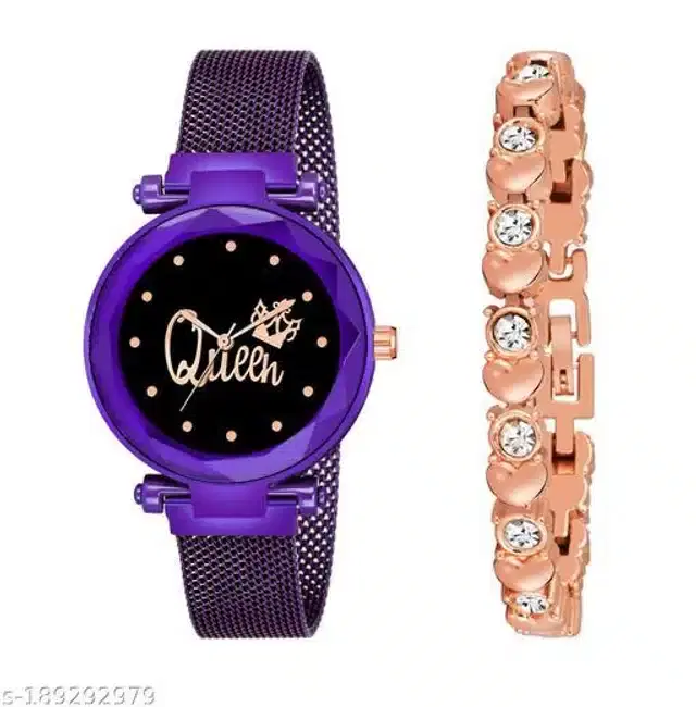 Analog Watch with Bracelet for Women, Set of 2 (Rose Gold & Purple)