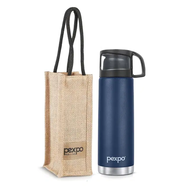 PEXPO Fererro Stainless Steel Insulated Flask - 500ml | Double Wall Water Bottle With Jute Bag - Denim Blue