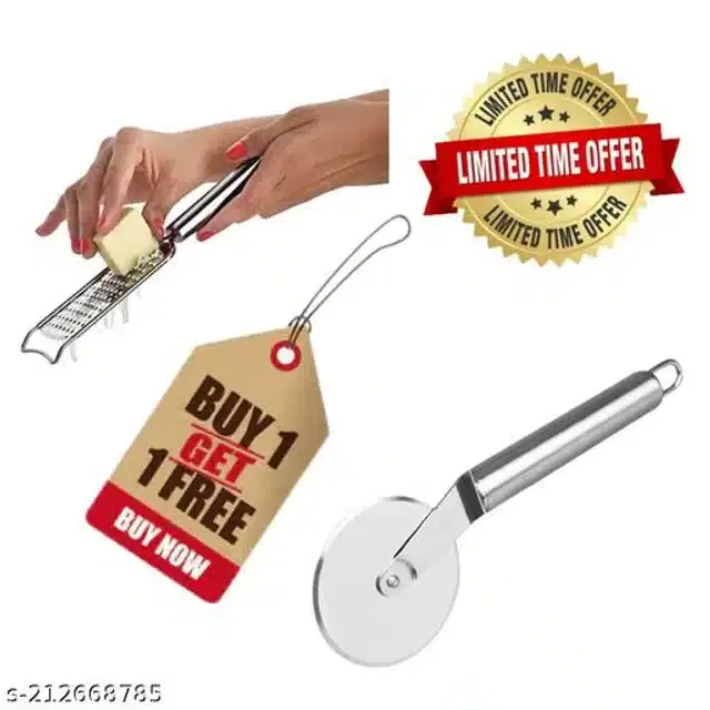 Stainless Steel Pizza Cutter with Cheese Grater, Silver, Set of 2