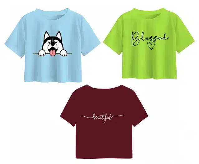 Cotton Printed Crop Tops for Girls, Pack of 3 (Multicolor, 13-14 Years)
