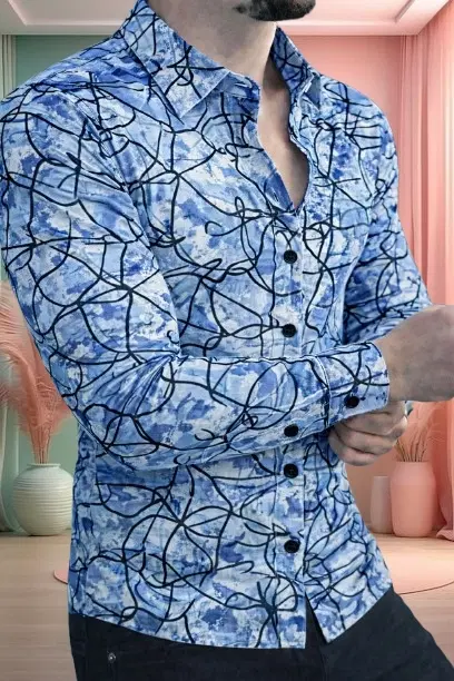 Printed Casual Shirts for Men (Blue, S)