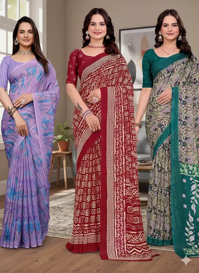 Georgette Printed Saree for Women, Multicolor, Pack of 3 (6.3 m)
