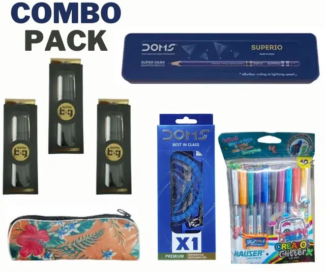 Combo Of 10 Pcs Dark Graphite Pencils, 3 Pcs B&G Pen, 10 Pcs Glitter Pen, 1 X1 Geometic Box & 1 Pouch (Multicolor, Set of 1)