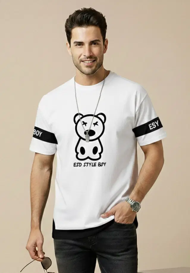 Polyester Printed T-shirt for Men, White (XL)