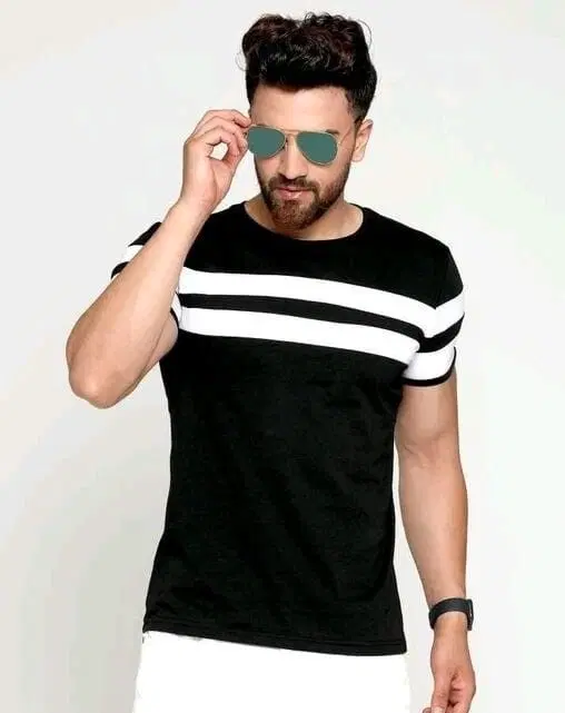 Polyester Striped T-Shirt for Men, Black (L)