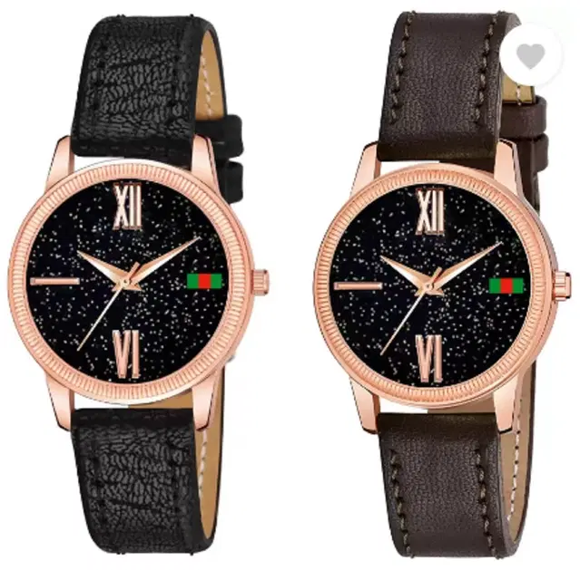 Leather Strap Analog Watch for Women & Girls, Pack of 2 (Multicolor)