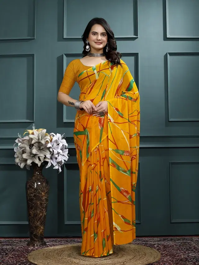 Georgette Printed Saree for Women (Yellow, 6.3 m)