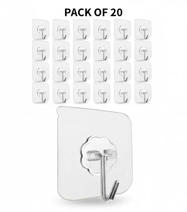 Plastic Wall Hooks, Transparent (Pack of 20)
