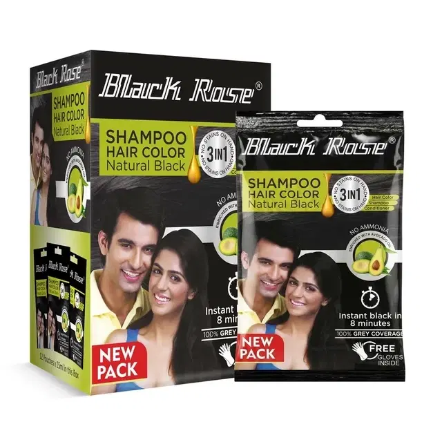 Black Rose Shampoo Hair Color/Colour With Avocado Oil | 100% Grey Coverage, Ammonia-Free, 8-Minute Instant Hair Dye For Men & Women | Natural Black 15 ml (Pack Of 1)