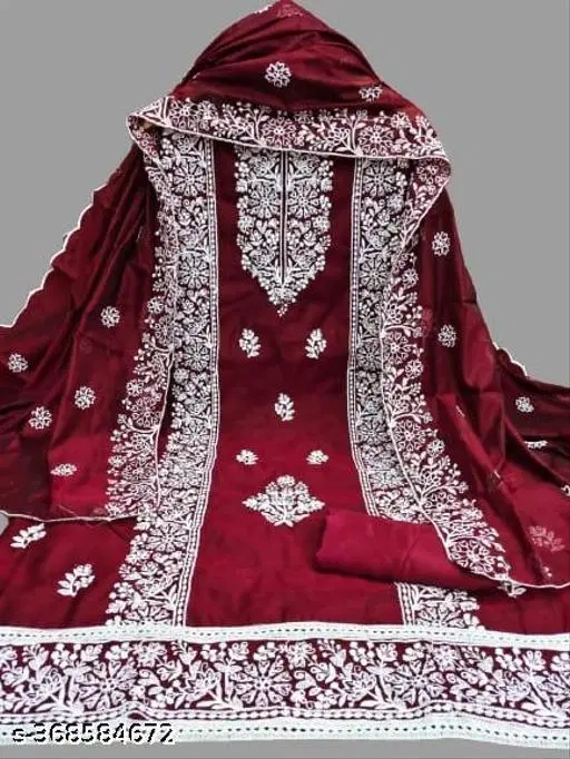 Chanderi Cotton Embroidered Punjabi/All Over Suits for Women (Maroon, Un Stitched)