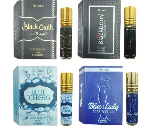 Black Oudh with Blackberry, Blue Ice Berg & Blue for Lady Attar Roll On, 6 ml, Pack of 4