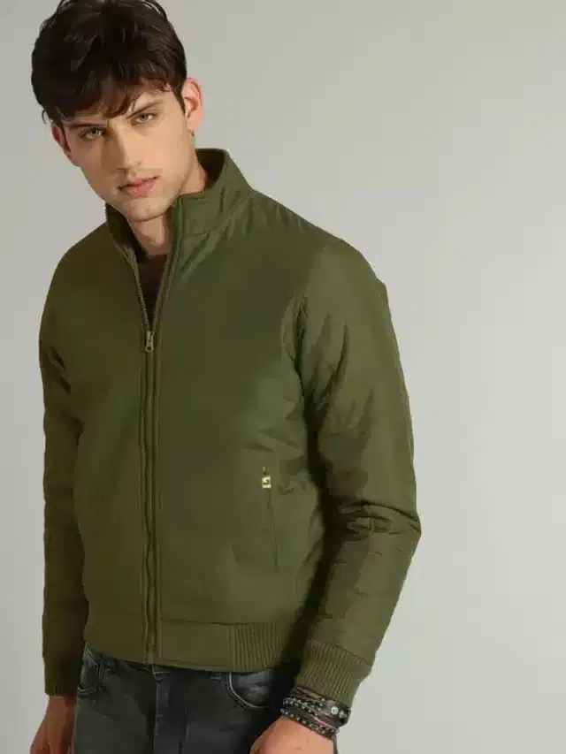Polyester Solid Bomber Jacket for Men (Green, XL)