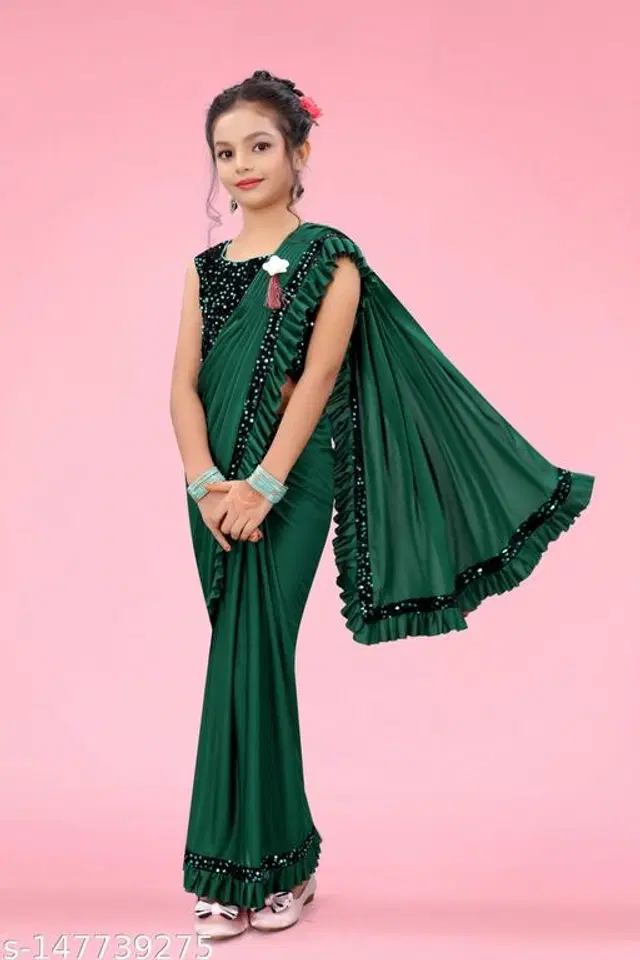 Solid Fancy Saree for Girls with Blouse (Green, 4-5 Years)