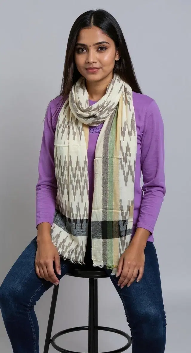 Women viscose Rayon Ikkat Printed Scarf, Beige