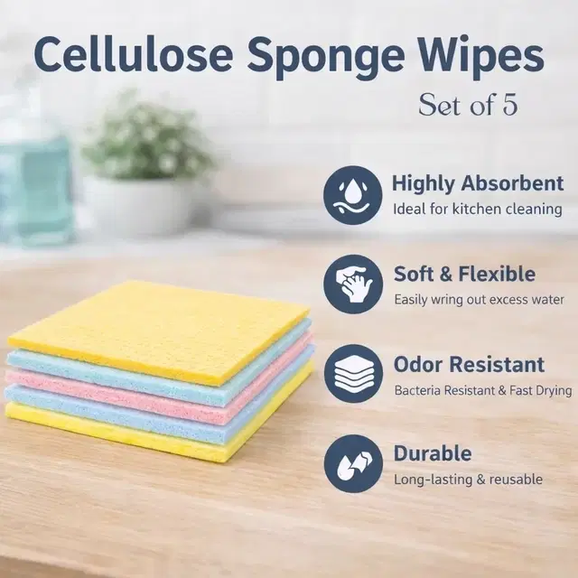 Cellulose Sponge Absorbent Cleaning Cloth, Extra Tough Multi-Use, 5 Pieces