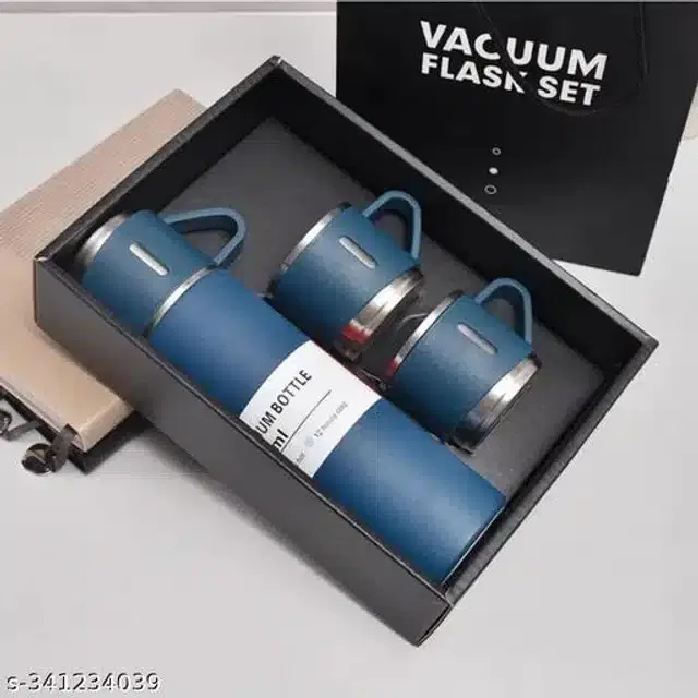 Stainless Steel Water Bottle with 2 Pcs Cups, Blue, Set of 2