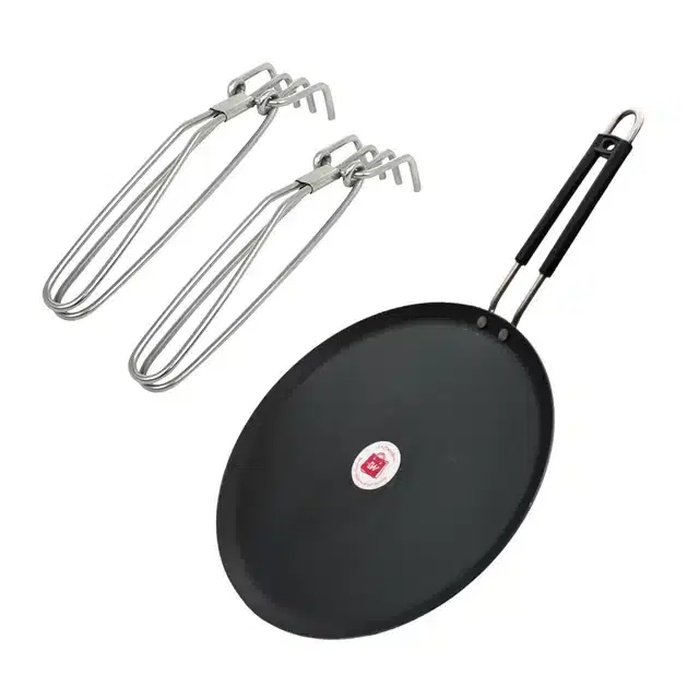 Non Stick Tawa with 2 Pcs Stainless Steel Tongs, Black, Set of 3