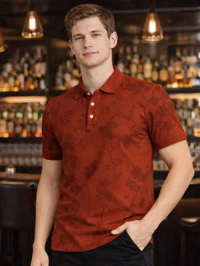 Polo Printed Cotton Blend T-shirt for Men (Maroon, M)