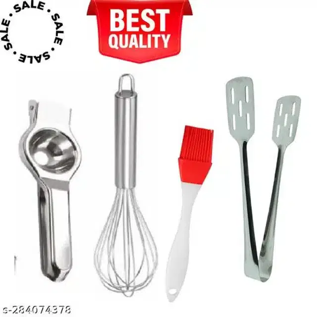 Stainless Steel Whisk with Oil Brush, Lemon Squeezer & Cooking Tong, Red & Silver, Set of 4