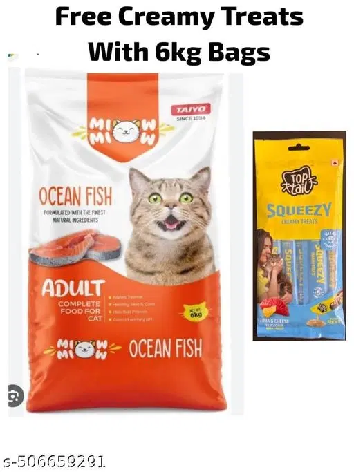 Taiyo Miow Adult Ocean Fish Flavour Dry Food For Cat (6kg + 60 gm Creamy Treats) Pack Of 2