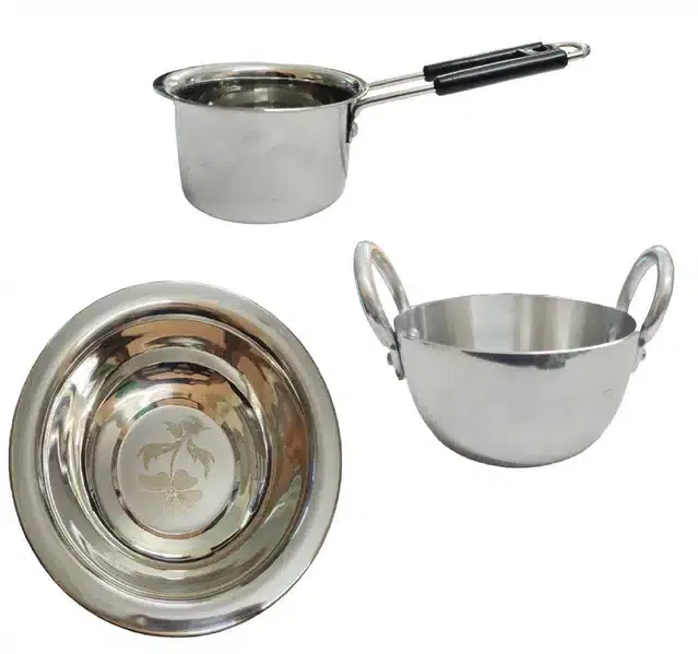 Aluminium Kadhai with Stainless Steel Saucepan & Basin, Silver, Set of 3
