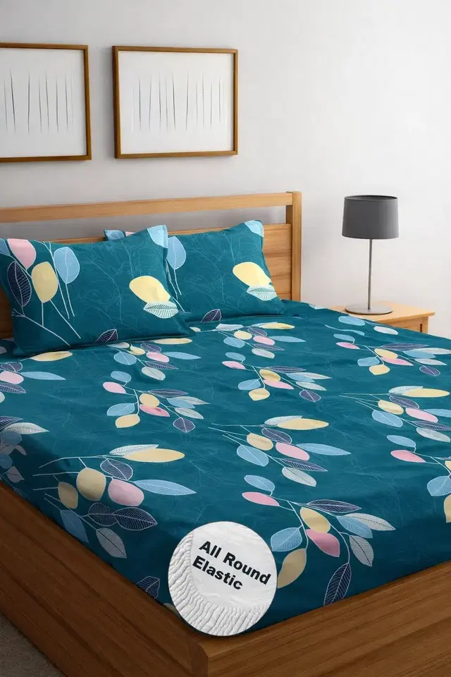 Microfibre Fitted Yellow Leaf Bedsheet 78x72in Blue