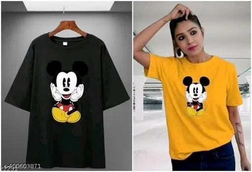 Cotton Printed T-Shirt for Women, Yellow & Black, Pack of 2 (S)