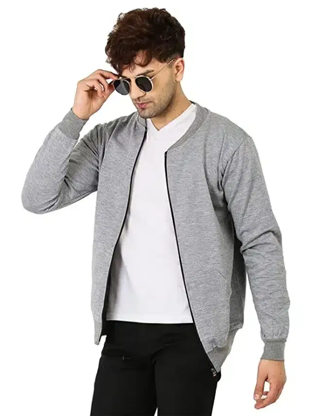 Solid Full Sleeves Jacket for Men (Grey, S)