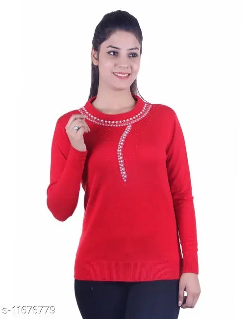 Acrylic Embellished Sweater for Women (Red, XL)