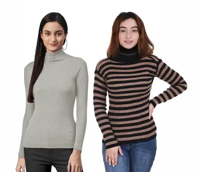 Full Sleeves Solid Sweater for Women, Pack of 2 (Grey & Brown, L)