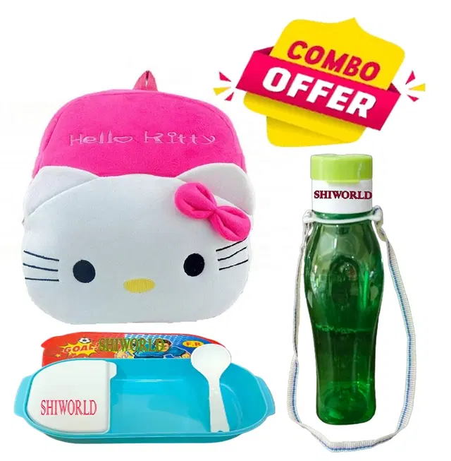 Combo of Fabric School Bag, Water Bottle with Lunch Box for Kids, Multicolor, Set of 3