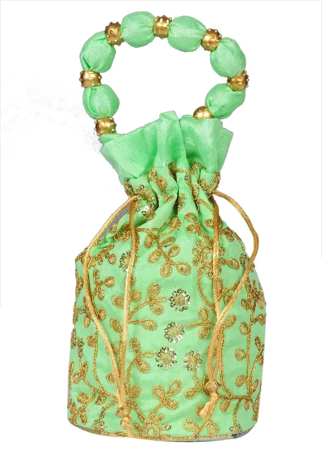 Silk Floral Ethnic Rajasthani Traditional Work Potli with Handle for Return Gifts, Sea Green