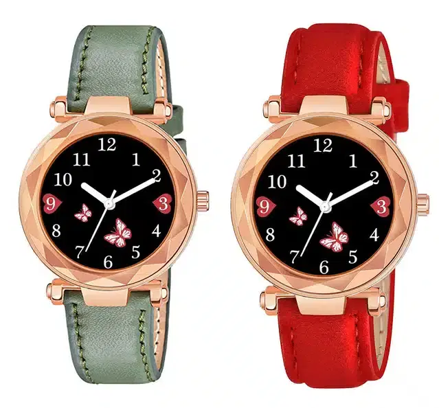 Designer Leather Analog Watch for Women & Girls, Pack of 2 (Green & Red)