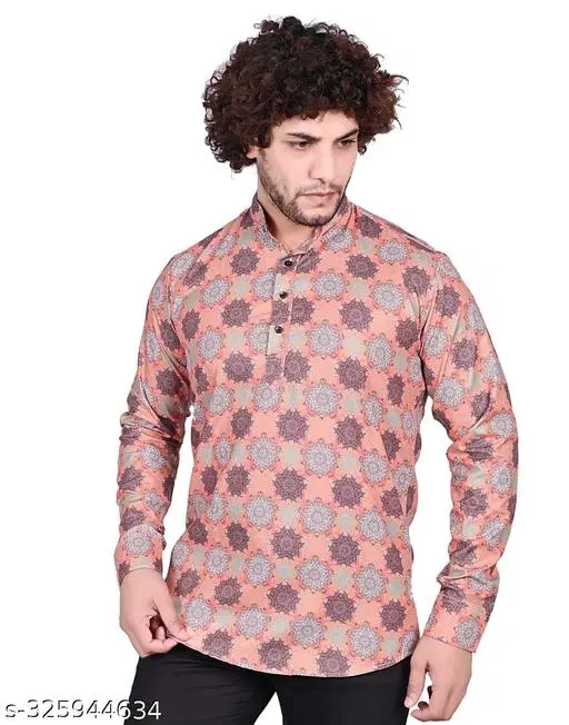 Cotton Blend Printed Short Kurta for Men, Pink (L)