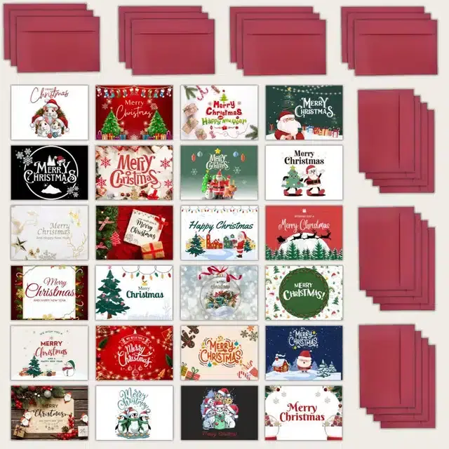 Merry Christmas Printed Cards with Envelopes, Multicolor, Set of 24