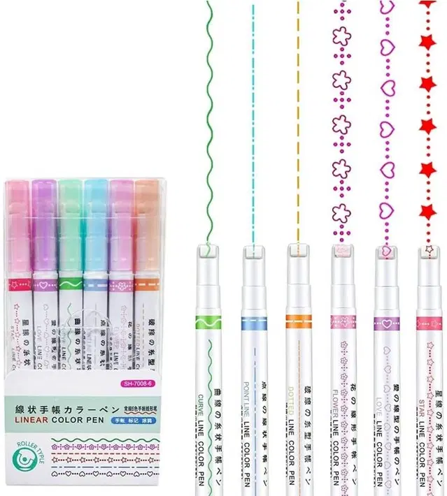 Linear Roller 6 Color Pens Highlighters with 6 Different Curve Shapes Superfine Nib Sketch Pens, Pack of 6, Multicolor