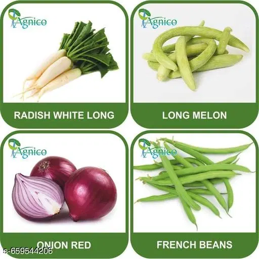 4 Vegetable Seeds Combo With Instruction Manual(Radish White Long/Long Melon/Onion Red/French Beans)