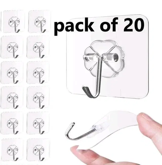 Plastic Adhesive Wall Hooks, White, Pack of 20