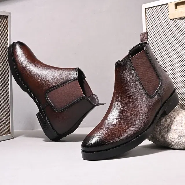 Solid Heeled Boots for Men, Synthetic Leather (Brown, 6)