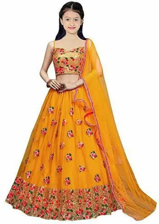 Net Embroidered Semi Stitched Lehenga for Girls (Yellow, 9-10 Years)