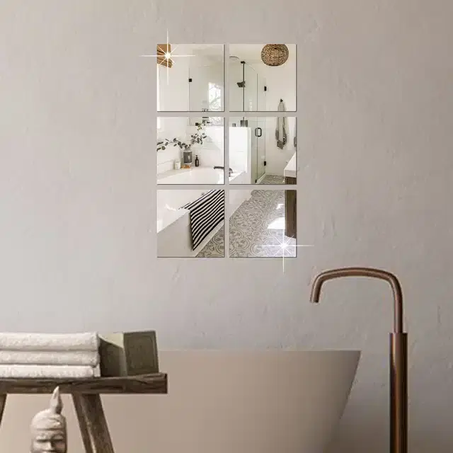 Acrylic Square Shaped Wall Mirror Stickers, Silver, Pack of 6